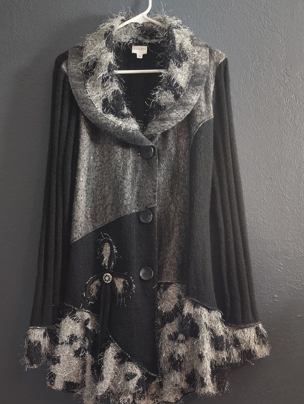 Sioni Mixed Media Patchwork Cardigan Jacket Animal Print Faux Fur Trim XL